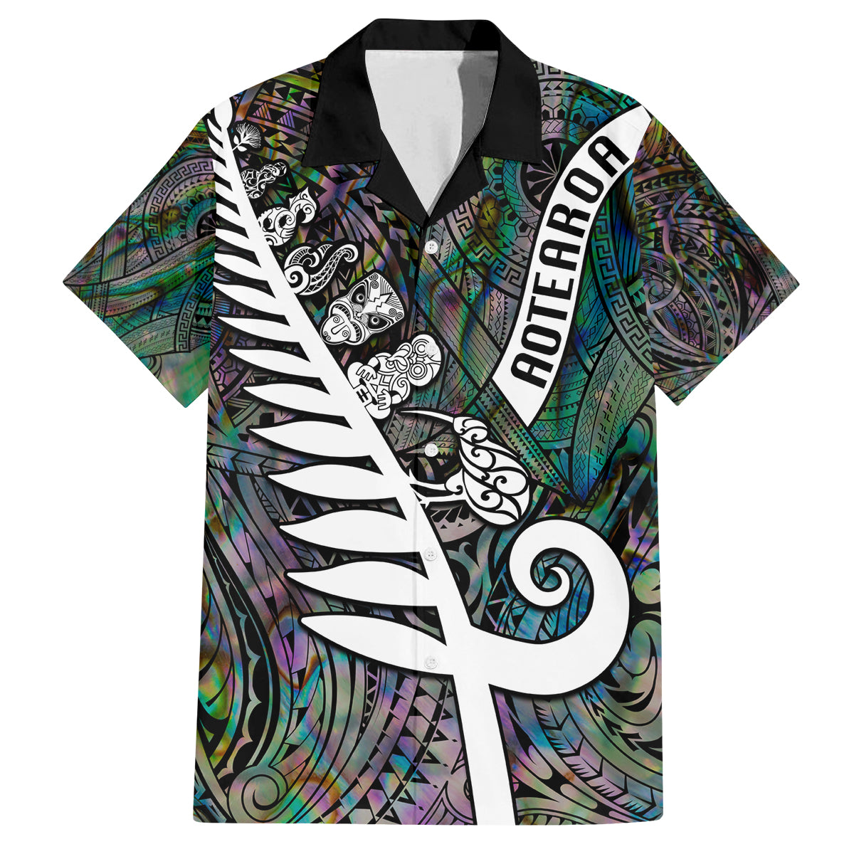 Personalized New Zealand Family Matching Off Shoulder Maxi Dress and Hawaiian Shirt Aotearoa Symbols With Silver Fern LT03 Dad's Shirt - Short Sleeve Black - Polynesian Pride