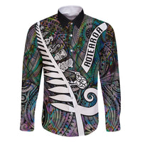 Personalized New Zealand Family Matching Summer Maxi Dress and Hawaiian Shirt Aotearoa Symbols With Silver Fern LT03 Dad's Shirt - Long Sleeve Black - Polynesian Pride