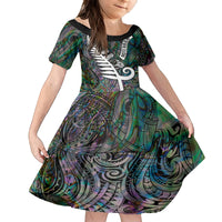 Personalized New Zealand Family Matching Tank Maxi Dress and Hawaiian Shirt Aotearoa Symbols With Silver Fern LT03 Daughter's Dress Black - Polynesian Pride