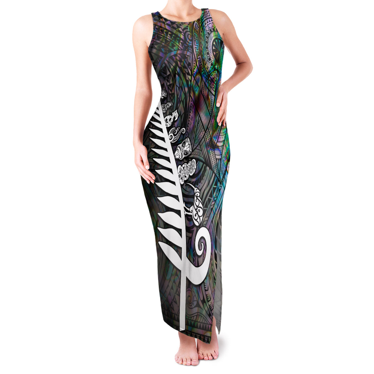 Personalized New Zealand Family Matching Tank Maxi Dress and Hawaiian Shirt Aotearoa Symbols With Silver Fern LT03 Mom's Dress Black - Polynesian Pride