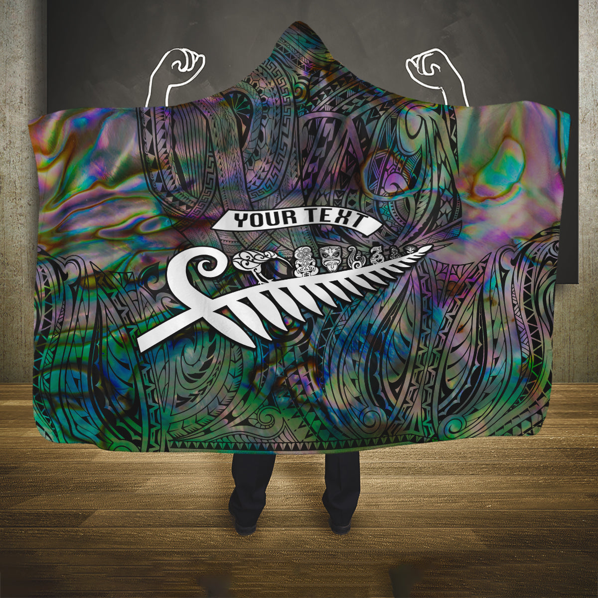 Personalized New Zealand Hooded Blanket Aotearoa Symbols With Silver Fern LT03 One Size Black - Polynesian Pride