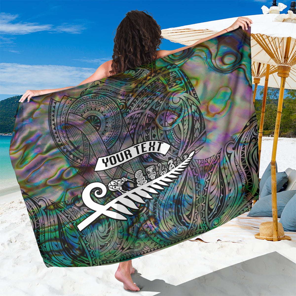 Personalized New Zealand Sarong Aotearoa Symbols With Silver Fern LT03 One Size 44 x 66 inches Black - Polynesian Pride