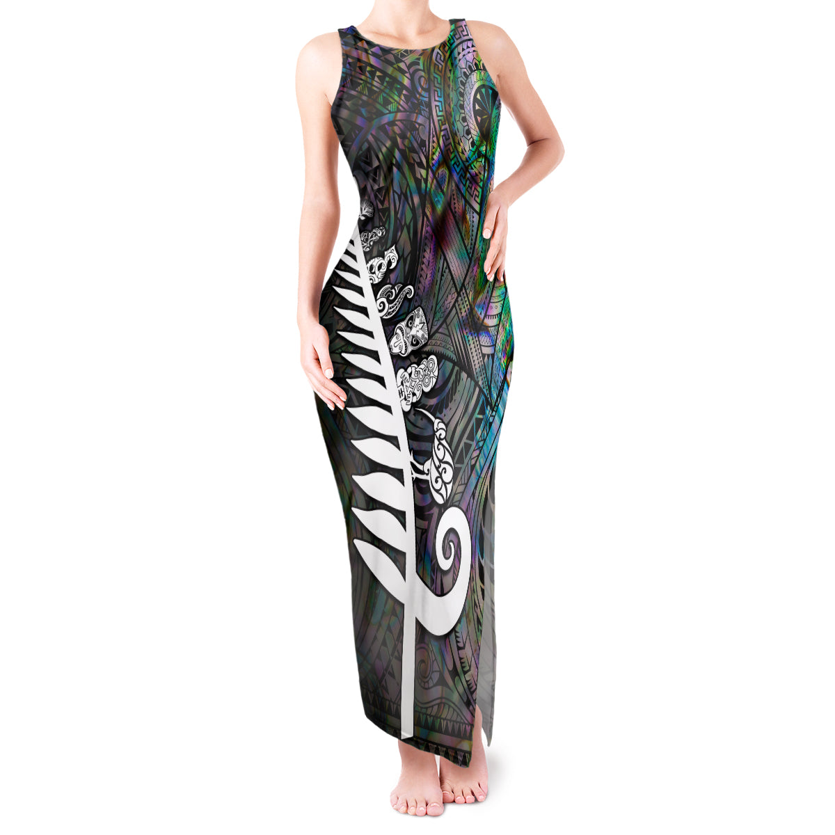 Personalized New Zealand Tank Maxi Dress Aotearoa Symbols With Silver Fern LT03 Women Black - Polynesian Pride