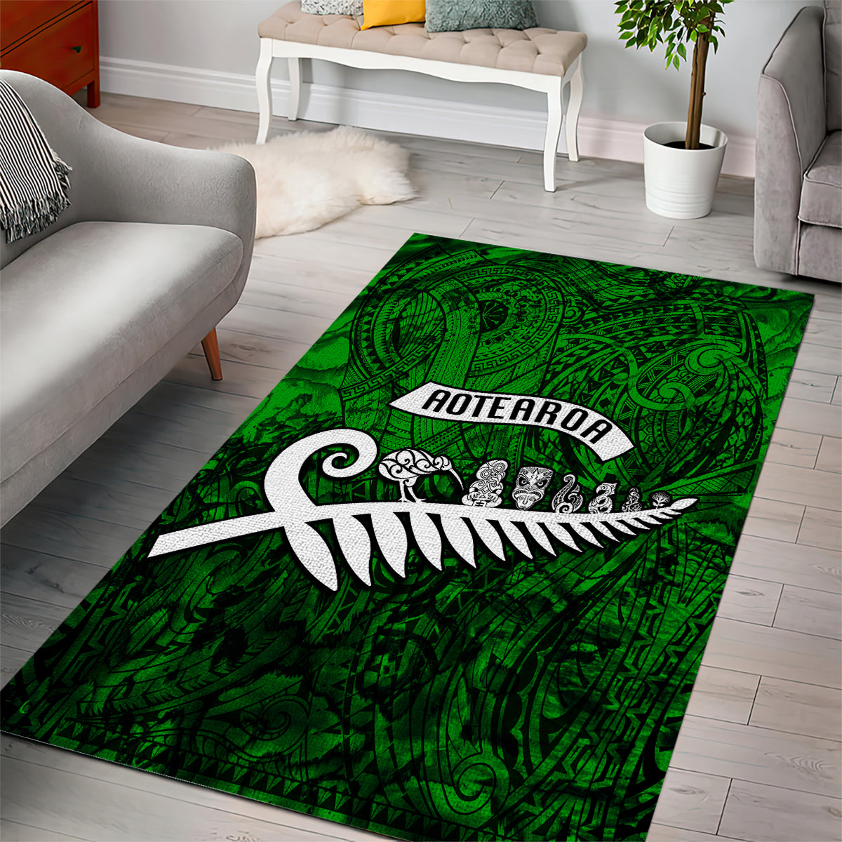 New Zealand Area Rug Silver Fern and Maori Symbols Papua Shell Green Style LT03 - Polynesian Pride