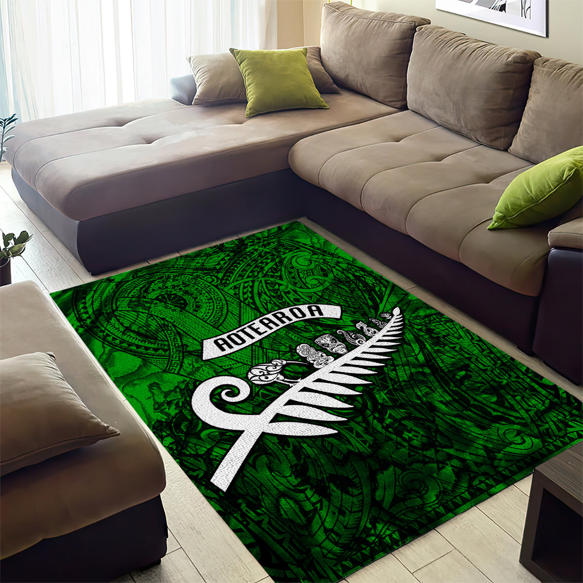 New Zealand Area Rug Silver Fern and Maori Symbols Papua Shell Green Style LT03 - Polynesian Pride