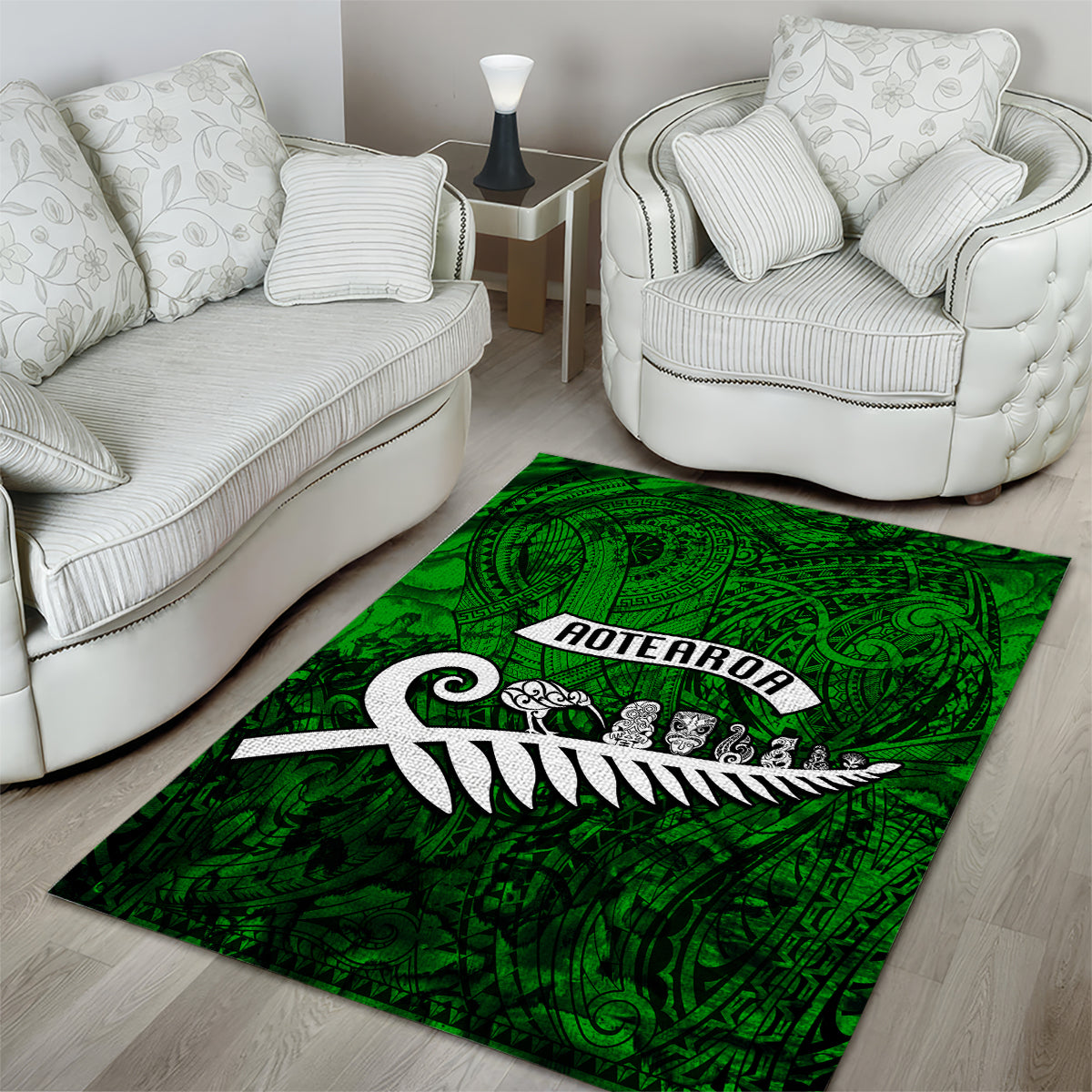 New Zealand Area Rug Silver Fern and Maori Symbols Papua Shell Green Style LT03 - Polynesian Pride