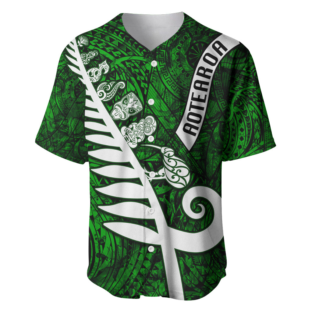 New Zealand Baseball Jersey Silver Fern and Maori Symbols Papua Shell Green Style LT03 Green - Polynesian Pride