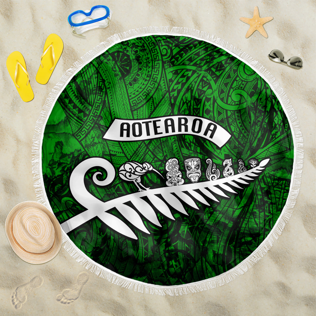 New Zealand Beach Blanket Silver Fern and Maori Symbols Papua Shell Green Style LT03 One Size 150cm Green - Polynesian Pride