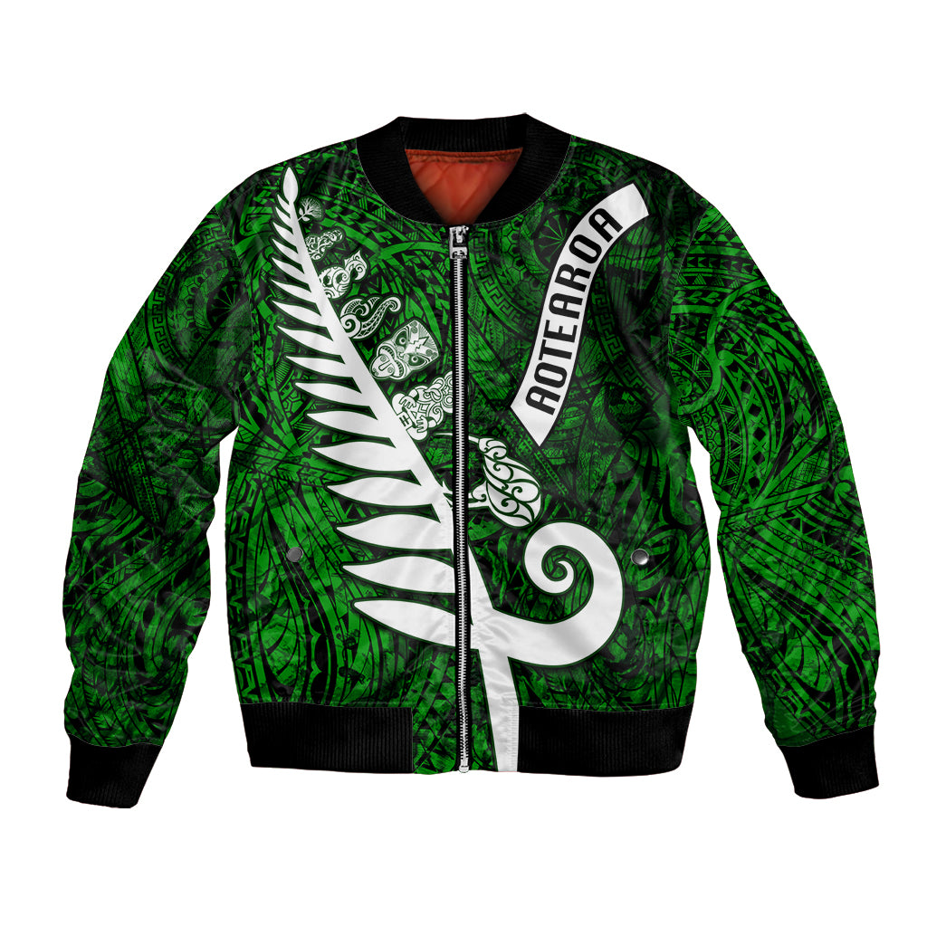 New Zealand Bomber Jacket Silver Fern and Maori Symbols Papua Shell Green Style LT03 Unisex Green - Polynesian Pride