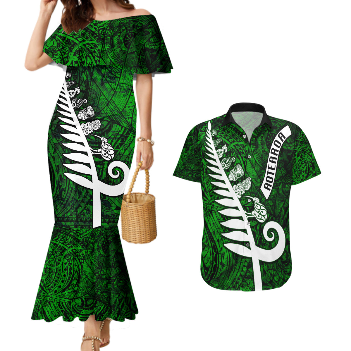 New Zealand Couples Matching Mermaid Dress and Hawaiian Shirt Silver Fern and Maori Symbols Papua Shell Green Style LT03 Green - Polynesian Pride