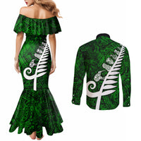 New Zealand Couples Matching Mermaid Dress and Long Sleeve Button Shirt Silver Fern and Maori Symbols Papua Shell Green Style LT03 - Polynesian Pride