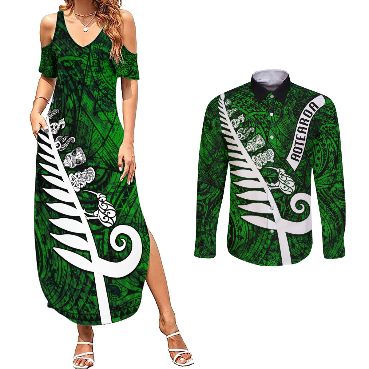 New Zealand Couples Matching Summer Maxi Dress and Long Sleeve Button Shirt Silver Fern and Maori Symbols Papua Shell Green Style LT03 Green - Polynesian Pride