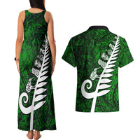 New Zealand Couples Matching Tank Maxi Dress and Hawaiian Shirt Silver Fern and Maori Symbols Papua Shell Green Style LT03 - Polynesian Pride