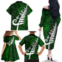 New Zealand Family Matching Off Shoulder Long Sleeve Dress and Hawaiian Shirt Silver Fern and Maori Symbols Papua Shell Green Style LT03 - Polynesian Pride
