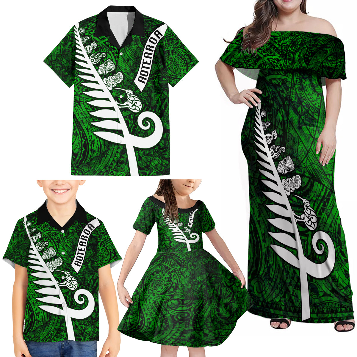 New Zealand Family Matching Off Shoulder Maxi Dress and Hawaiian Shirt Silver Fern and Maori Symbols Papua Shell Green Style LT03 - Polynesian Pride