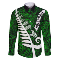 New Zealand Family Matching Off Shoulder Maxi Dress and Hawaiian Shirt Silver Fern and Maori Symbols Papua Shell Green Style LT03 Dad's Shirt - Long Sleeve Green - Polynesian Pride