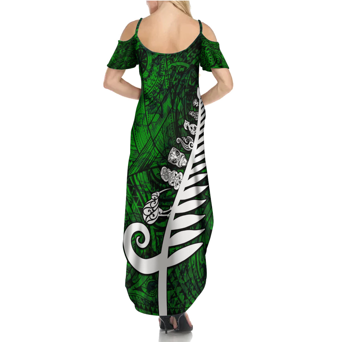 New Zealand Family Matching Summer Maxi Dress and Hawaiian Shirt Silver Fern and Maori Symbols Papua Shell Green Style LT03 - Polynesian Pride