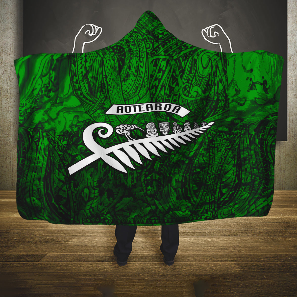 New Zealand Hooded Blanket Silver Fern and Maori Symbols Papua Shell Green Style LT03 One Size Green - Polynesian Pride