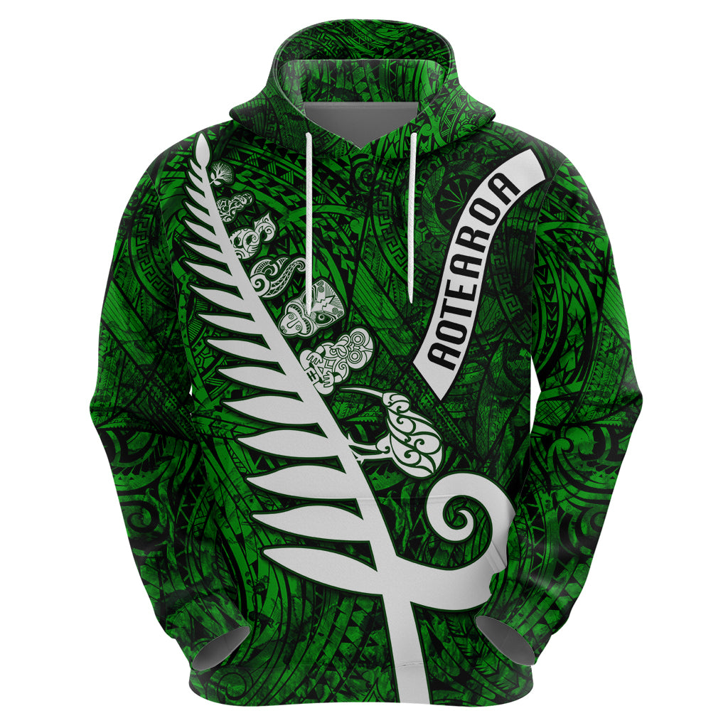 New Zealand Hoodie Silver Fern and Maori Symbols Papua Shell Green Style LT03 - Polynesian Pride