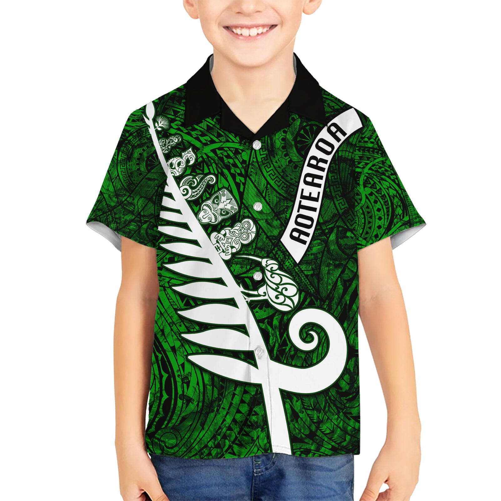 New Zealand Kid Hawaiian Shirt Silver Fern and Maori Symbols Papua Shell Green Style LT03 Kid Green - Polynesian Pride