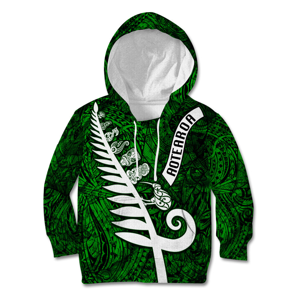 New Zealand Kid Hoodie Silver Fern and Maori Symbols Papua Shell Green Style LT03 Hoodie Green - Polynesian Pride