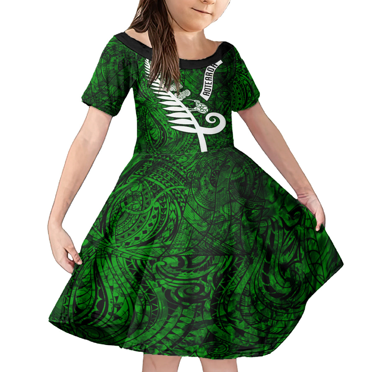 New Zealand Kid Short Sleeve Dress Silver Fern and Maori Symbols Papua Shell Green Style LT03 KID Green - Polynesian Pride