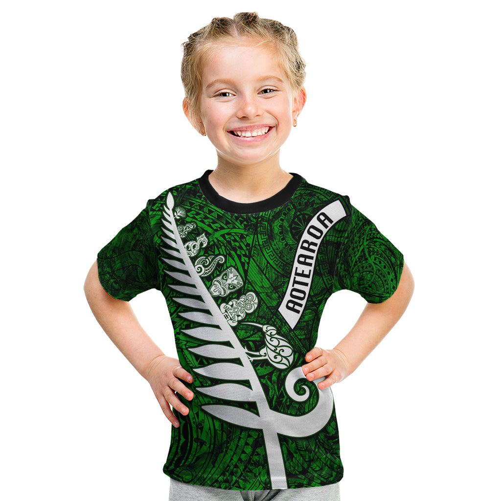 New Zealand Kid T Shirt Silver Fern and Maori Symbols Papua Shell Green Style LT03 Green - Polynesian Pride