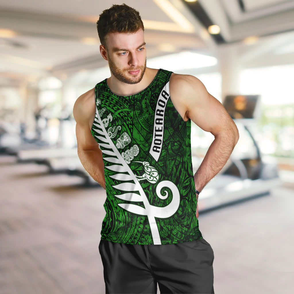 New Zealand Men Tank Top Silver Fern and Maori Symbols Papua Shell Green Style LT03 Green - Polynesian Pride