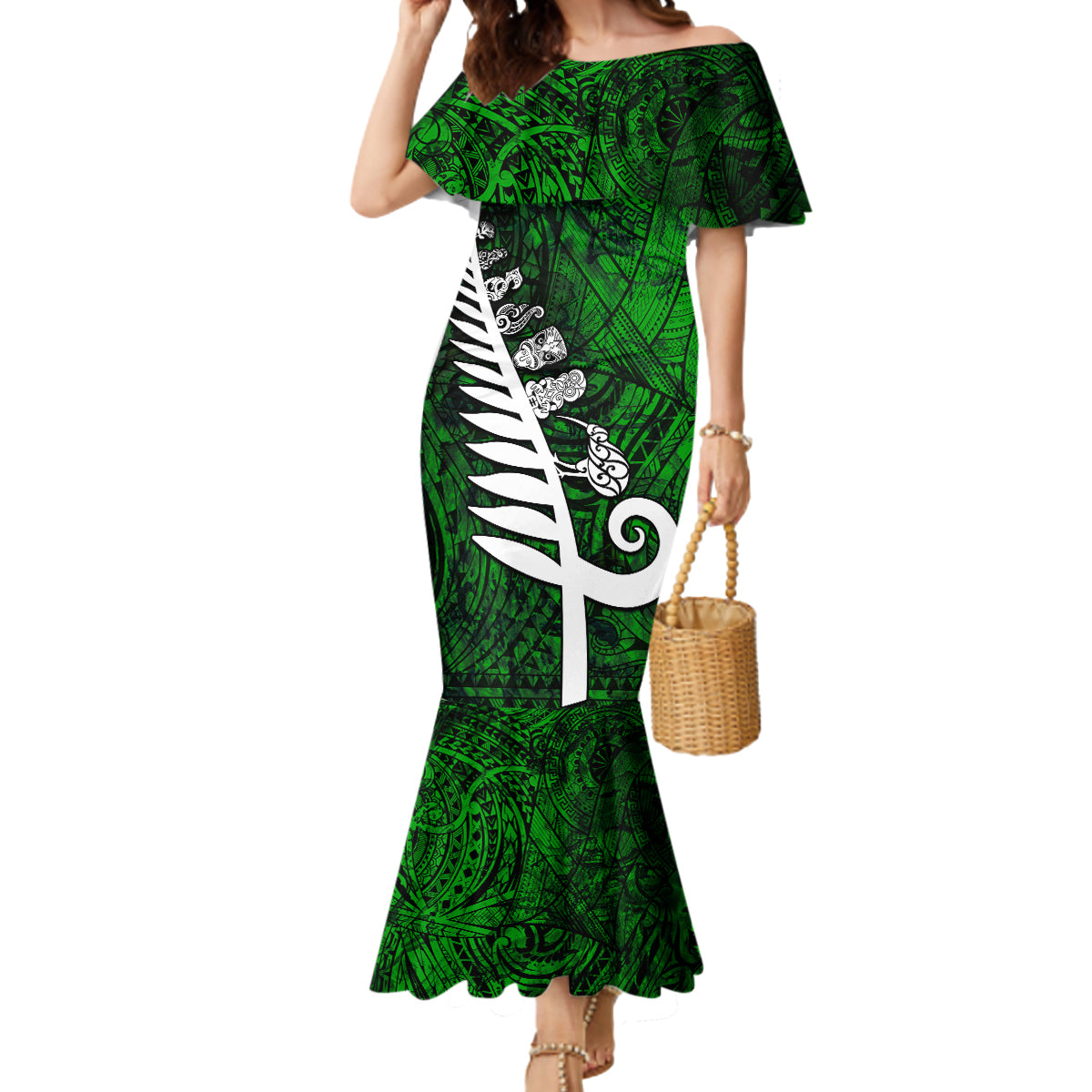 New Zealand Mermaid Dress Silver Fern and Maori Symbols Papua Shell Green Style LT03 Women Green - Polynesian Pride