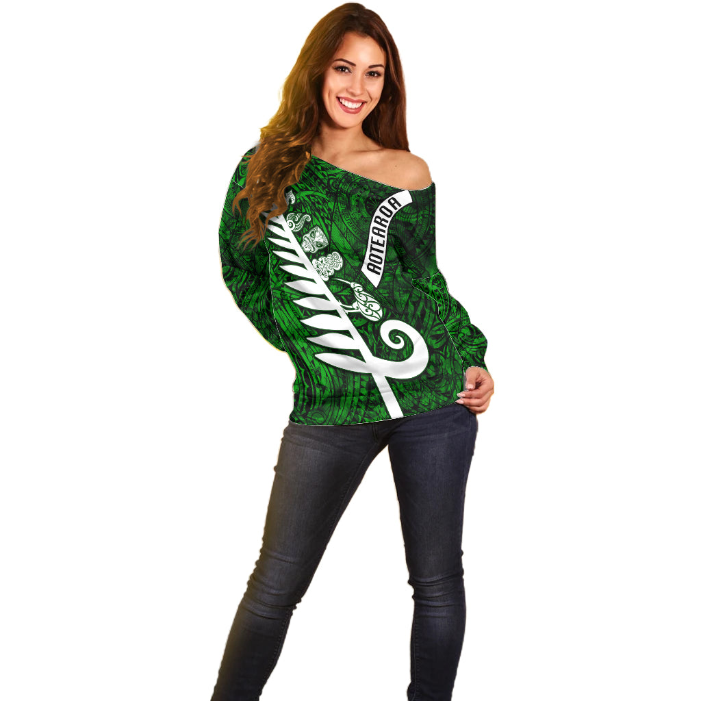 New Zealand Off Shoulder Sweater Silver Fern and Maori Symbols Papua Shell Green Style LT03 - Polynesian Pride