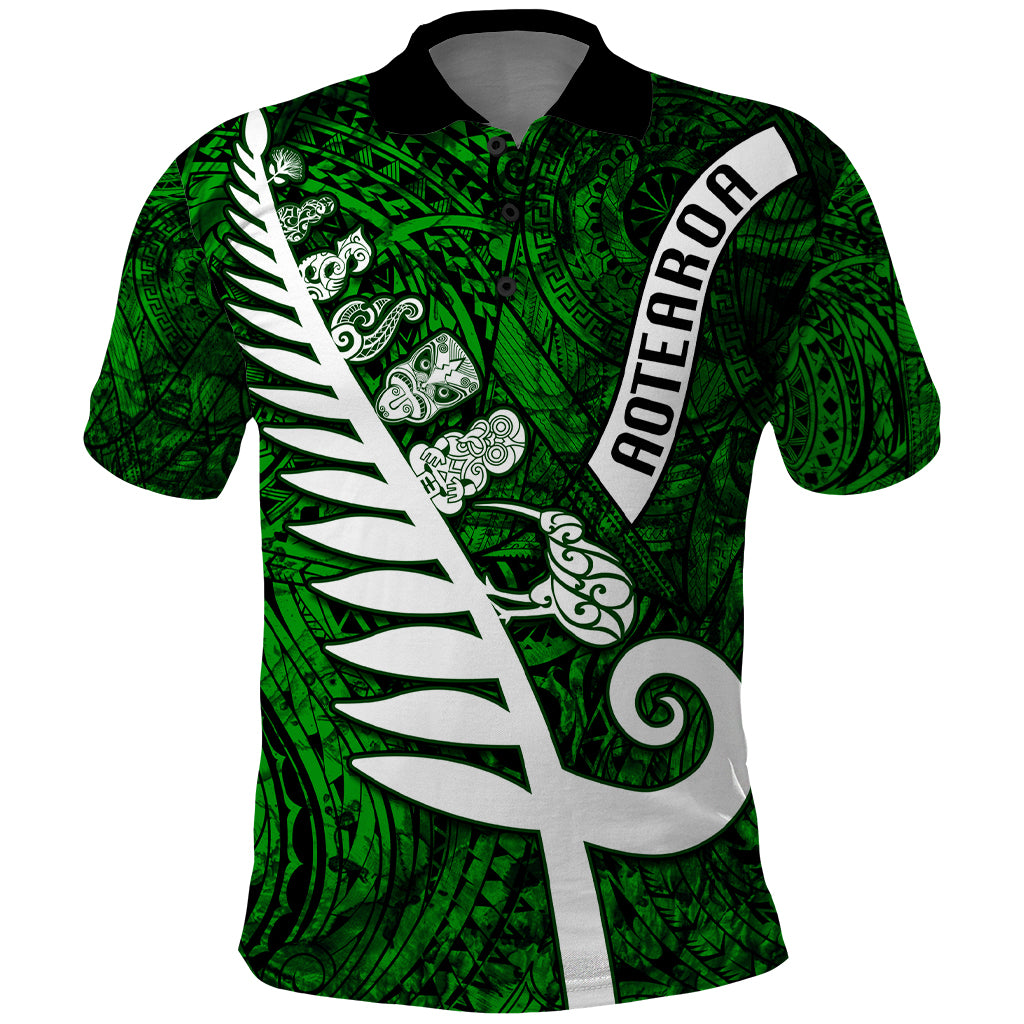 New Zealand Polo Shirt Silver Fern and Maori Symbols Papua Shell Green Style LT03 Green - Polynesian Pride