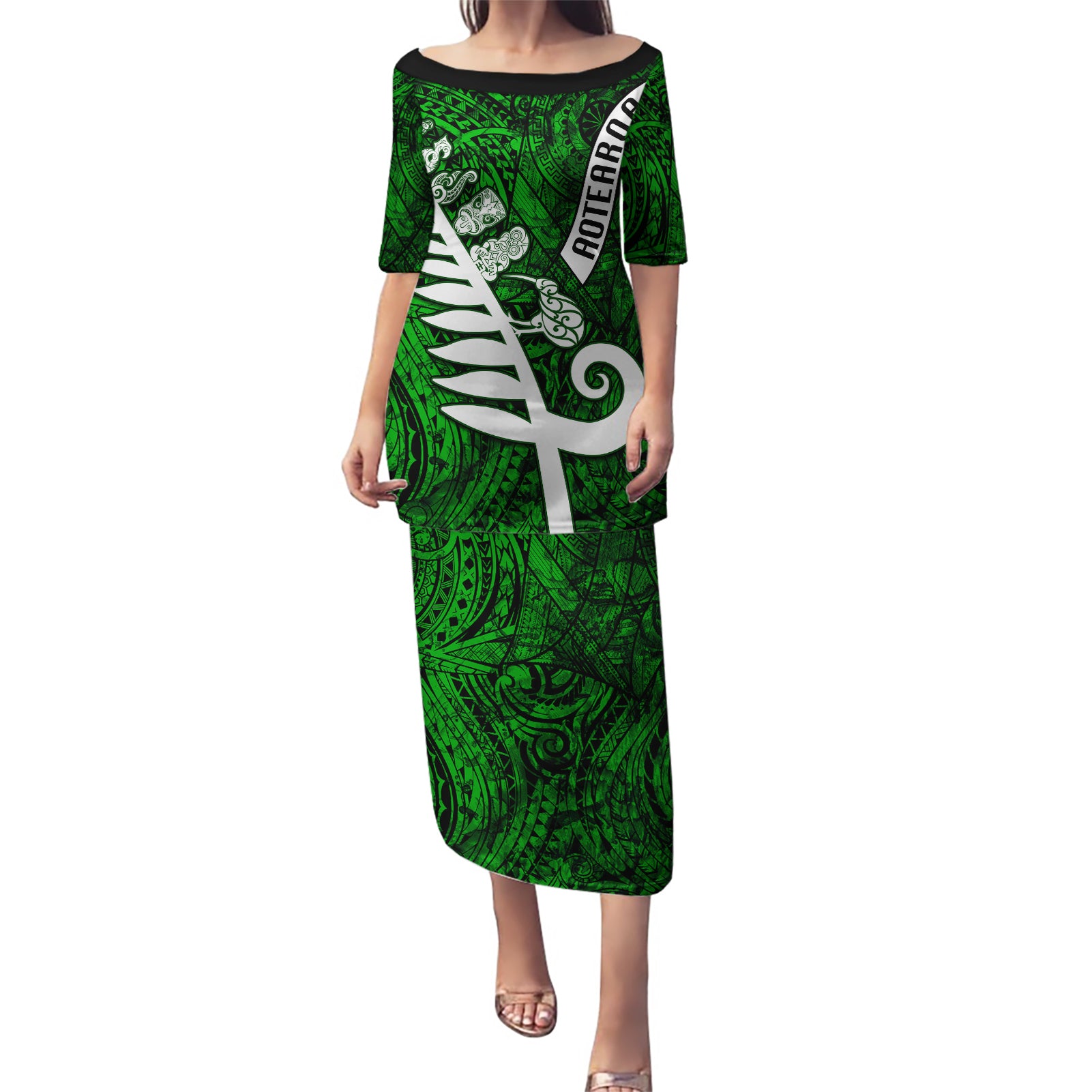 New Zealand Puletasi Silver Fern and Maori Symbols Papua Shell Green Style LT03 Long Dress Green - Polynesian Pride