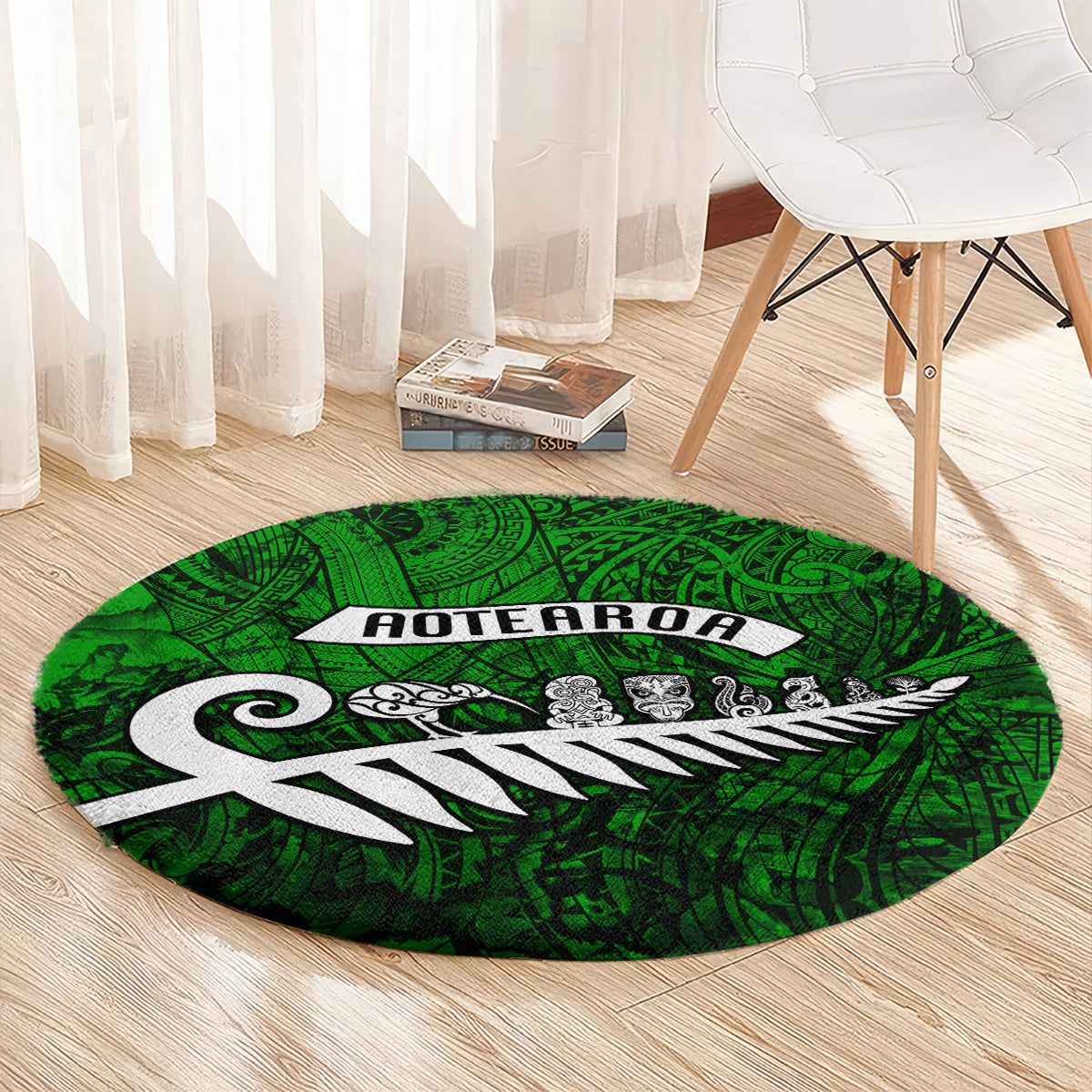 New Zealand Round Carpet Silver Fern and Maori Symbols Papua Shell Green Style LT03 - Polynesian Pride