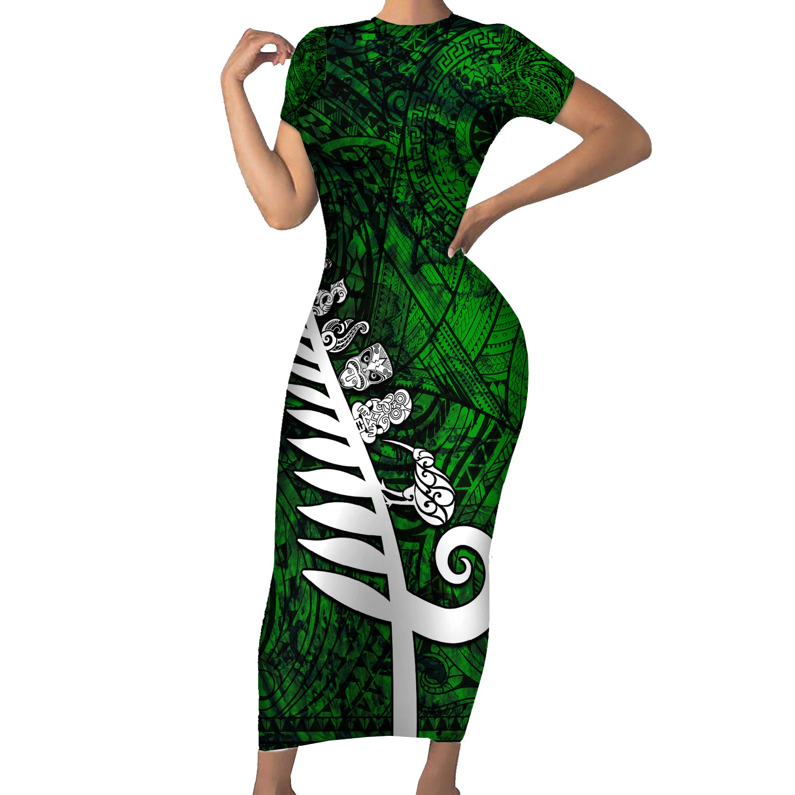 New Zealand Short Sleeve Bodycon Dress Silver Fern and Maori Symbols Papua Shell Green Style LT03 Long Dress Green - Polynesian Pride