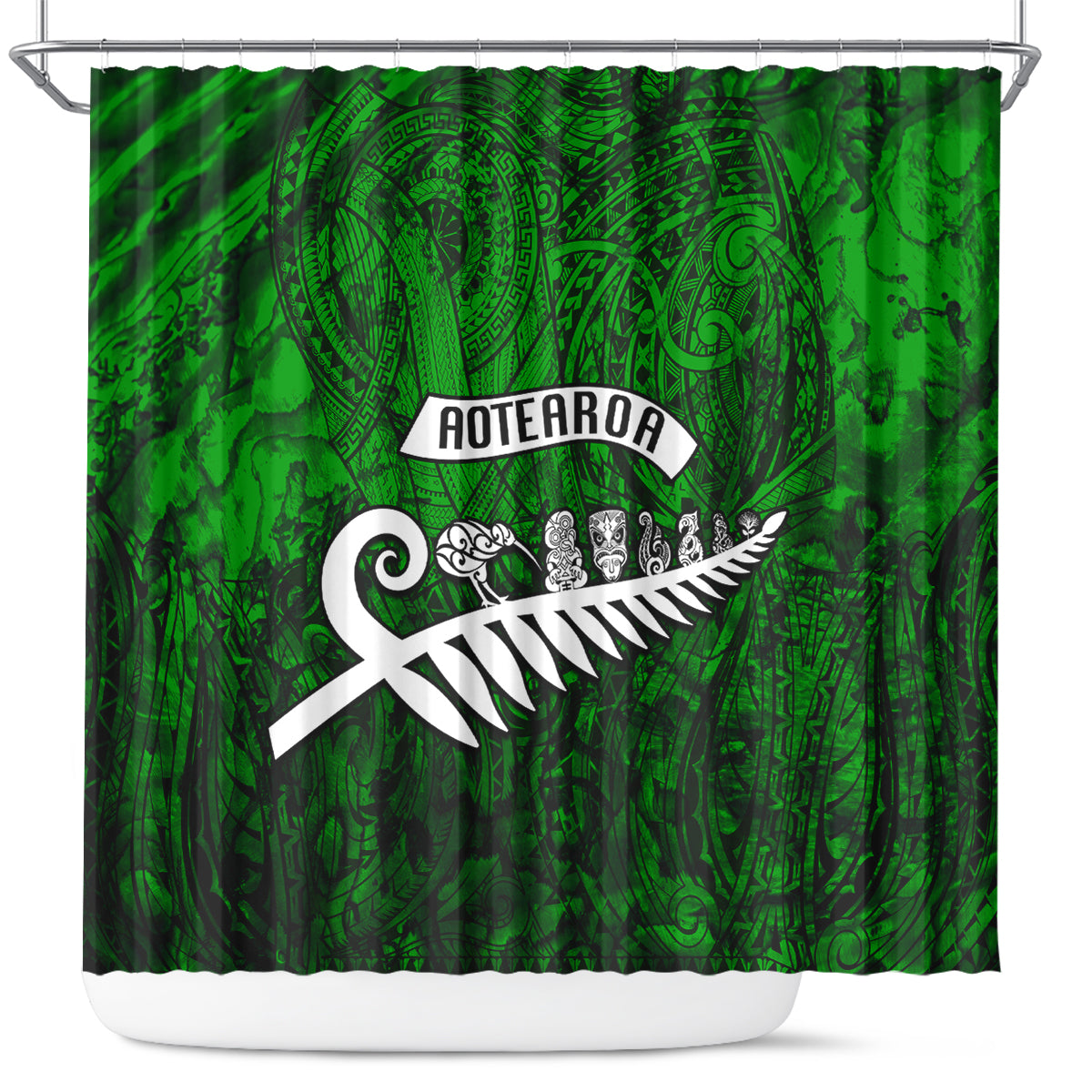 New Zealand Shower Curtain Silver Fern and Maori Symbols Papua Shell Green Style LT03 Green - Polynesian Pride