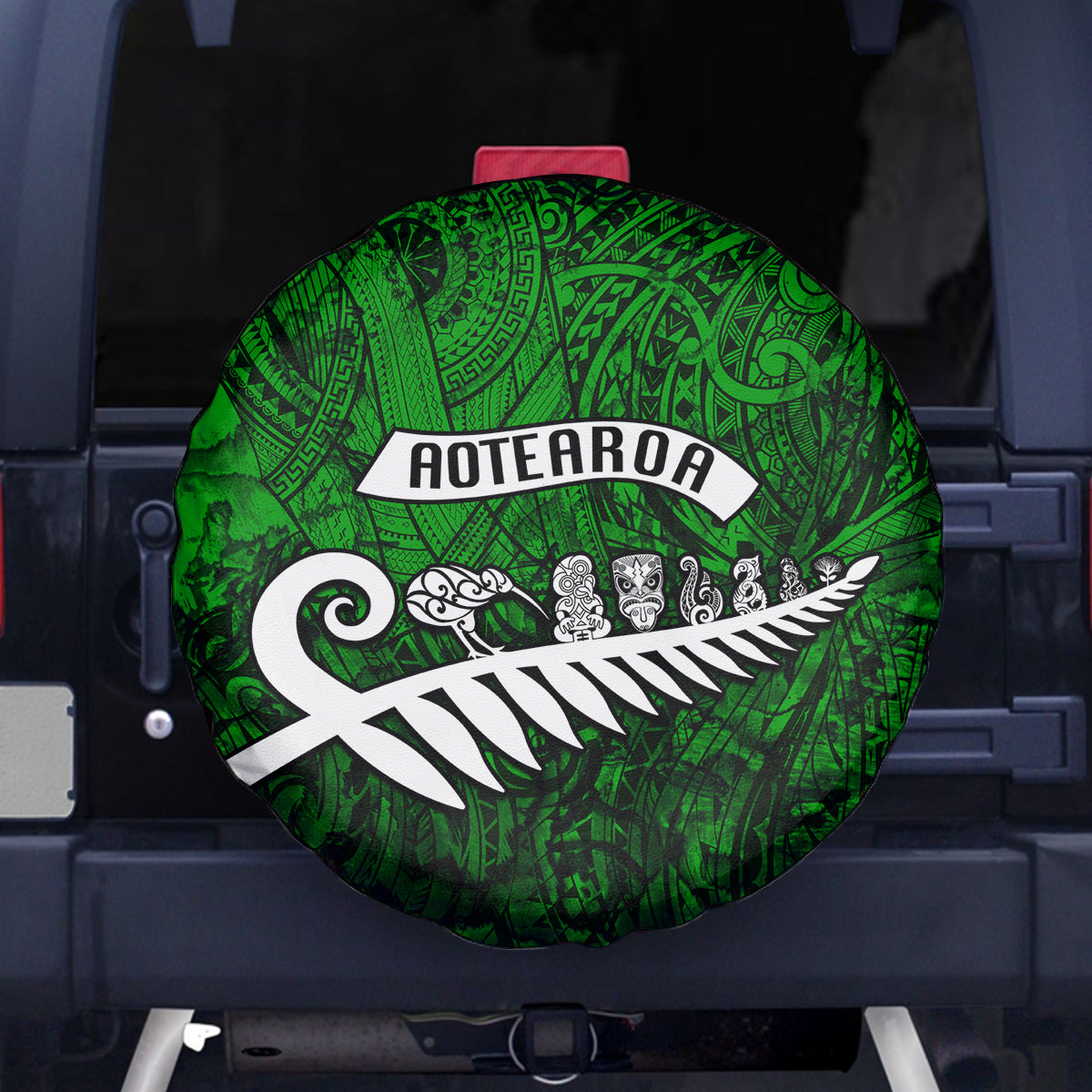 New Zealand Spare Tire Cover Silver Fern and Maori Symbols Papua Shell Green Style LT03 Green - Polynesian Pride