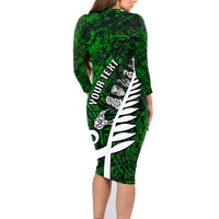 Personalized New Zealand Family Matching Long Sleeve Bodycon Dress and Hawaiian Shirt Silver Fern and Maori Symbols Papua Shell Green Style LT03 - Polynesian Pride