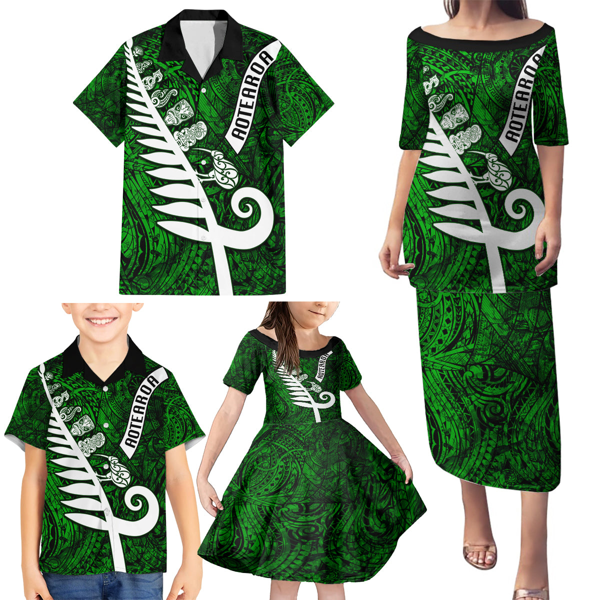 Personalized New Zealand Family Matching Puletasi Dress and Hawaiian Shirt Silver Fern and Maori Symbols Papua Shell Green Style LT03 - Polynesian Pride