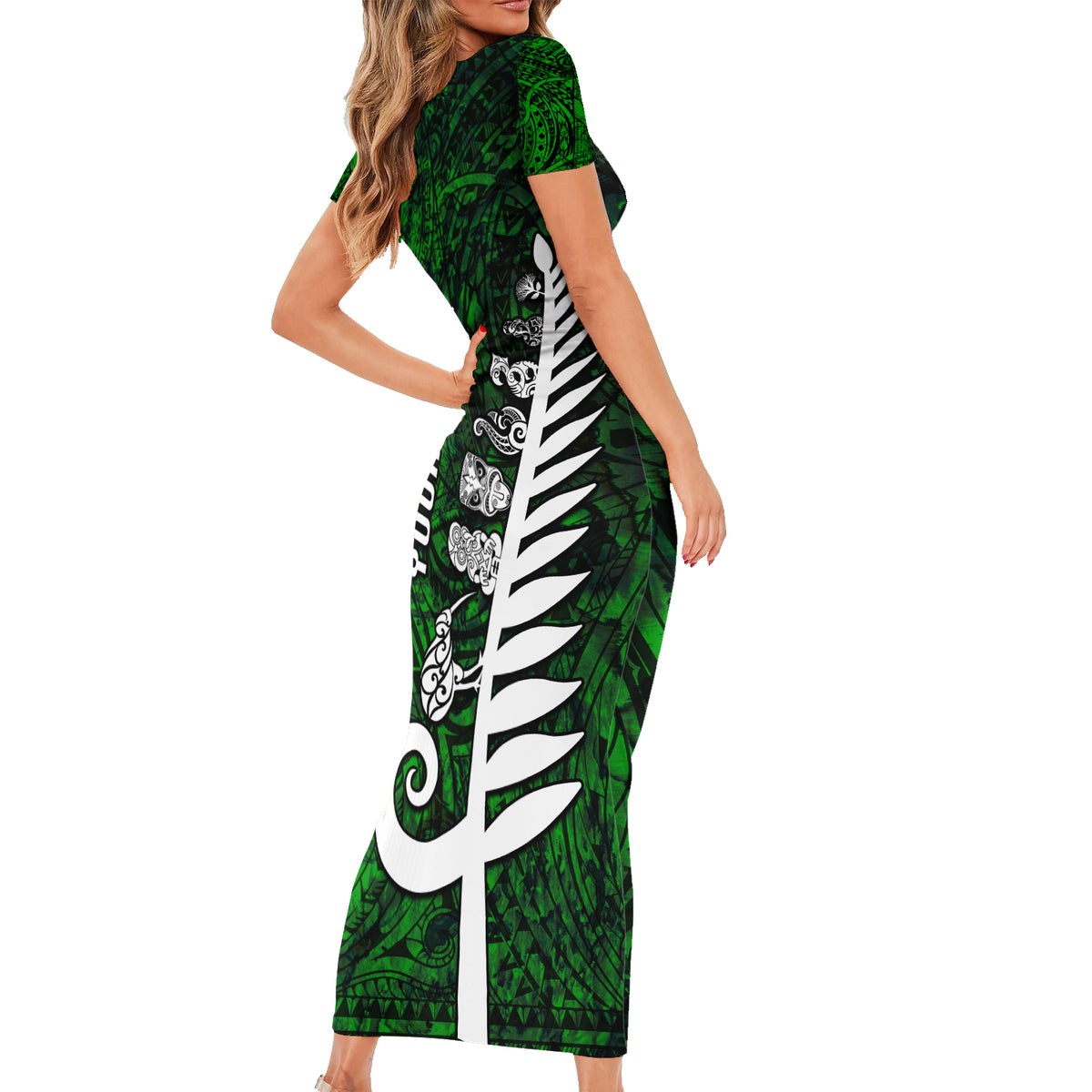 Personalized New Zealand Family Matching Short Sleeve Bodycon Dress and Hawaiian Shirt Silver Fern and Maori Symbols Papua Shell Green Style LT03 - Polynesian Pride