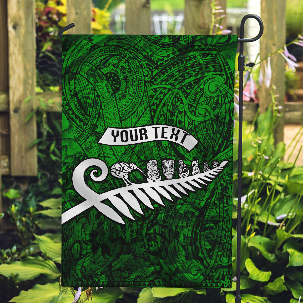 Personalized New Zealand Garden Flag Silver Fern and Maori Symbols Papua Shell Green Style LT03 Garden Flag Green - Polynesian Pride