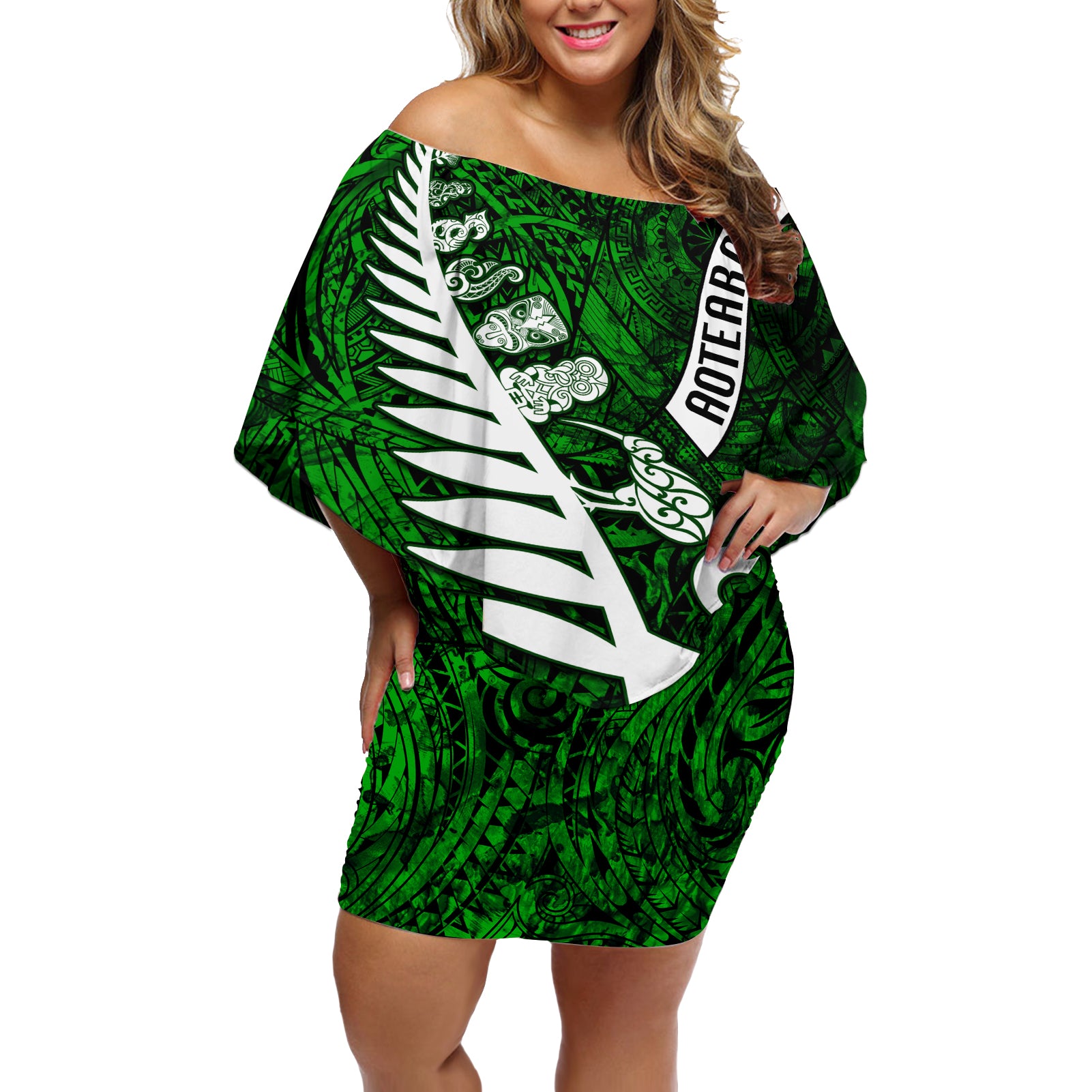 Personalized New Zealand Off Shoulder Short Dress Silver Fern and Maori Symbols Papua Shell Green Style LT03 Women Green - Polynesian Pride