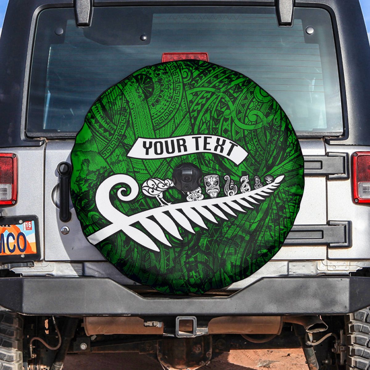 Personalized New Zealand Spare Tire Cover Silver Fern and Maori Symbols Papua Shell Green Style LT03 - Polynesian Pride