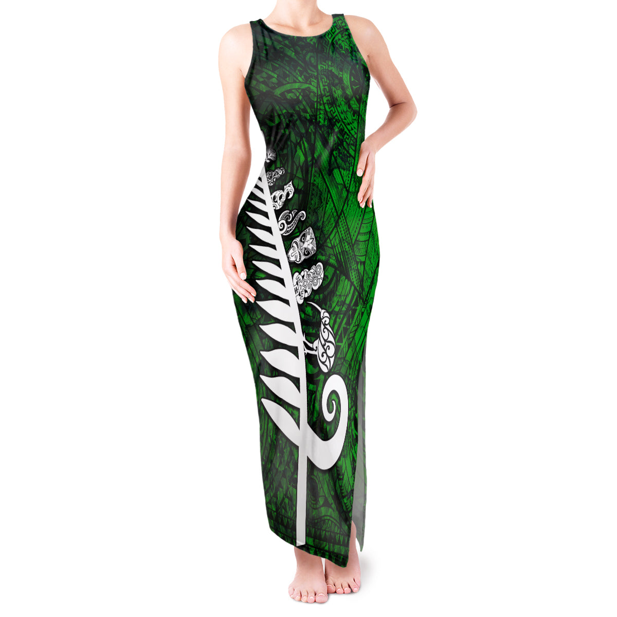 Personalized New Zealand Tank Maxi Dress Silver Fern and Maori Symbols Papua Shell Green Style LT03 Women Green - Polynesian Pride