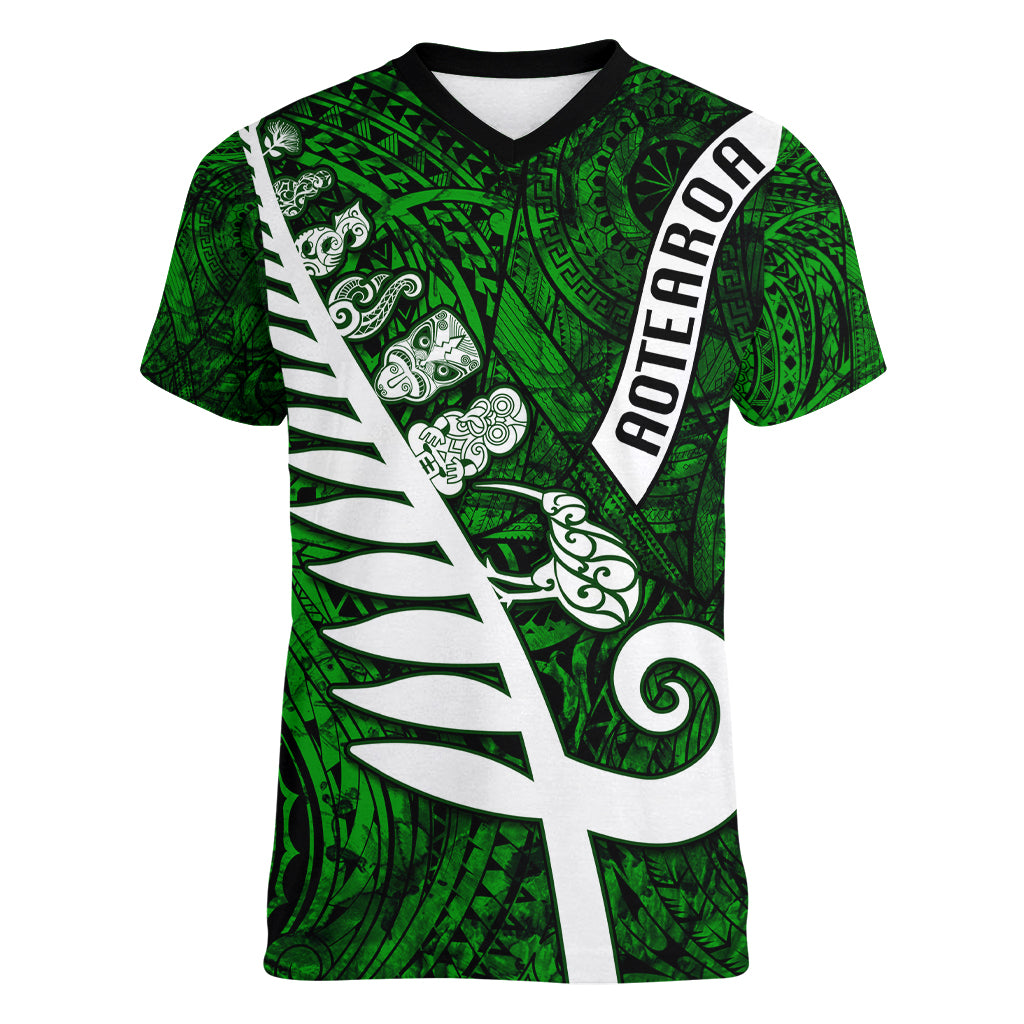 Personalized New Zealand Women V Neck T Shirt Silver Fern and Maori Symbols Papua Shell Green Style LT03 Female Green - Polynesian Pride