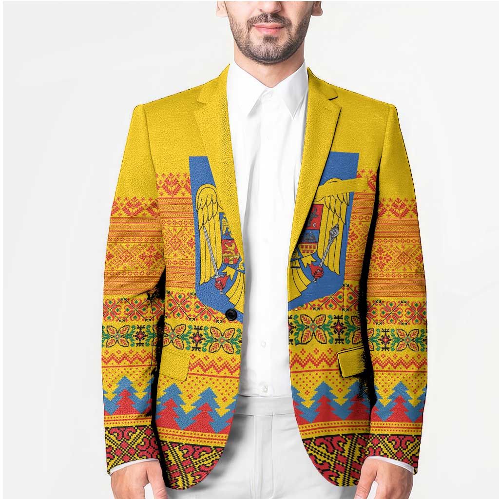 Romania Merry Christmas Blazer Romania Emblem Traditional Folk Art - Polynesian Pride