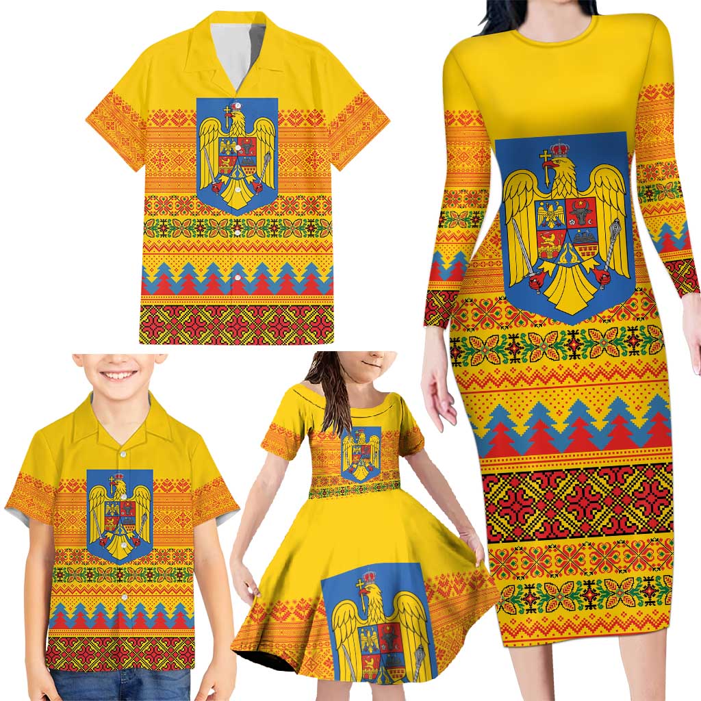 Romania Merry Christmas Family Matching Long Sleeve Bodycon Dress and Hawaiian Shirt Romania Emblem Traditional Folk Art - Polynesian Pride