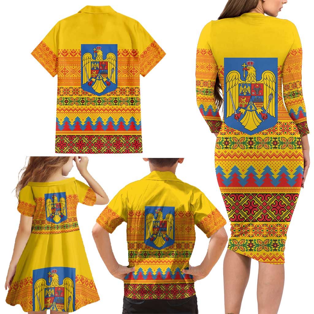 Romania Merry Christmas Family Matching Long Sleeve Bodycon Dress and Hawaiian Shirt Romania Emblem Traditional Folk Art - Polynesian Pride