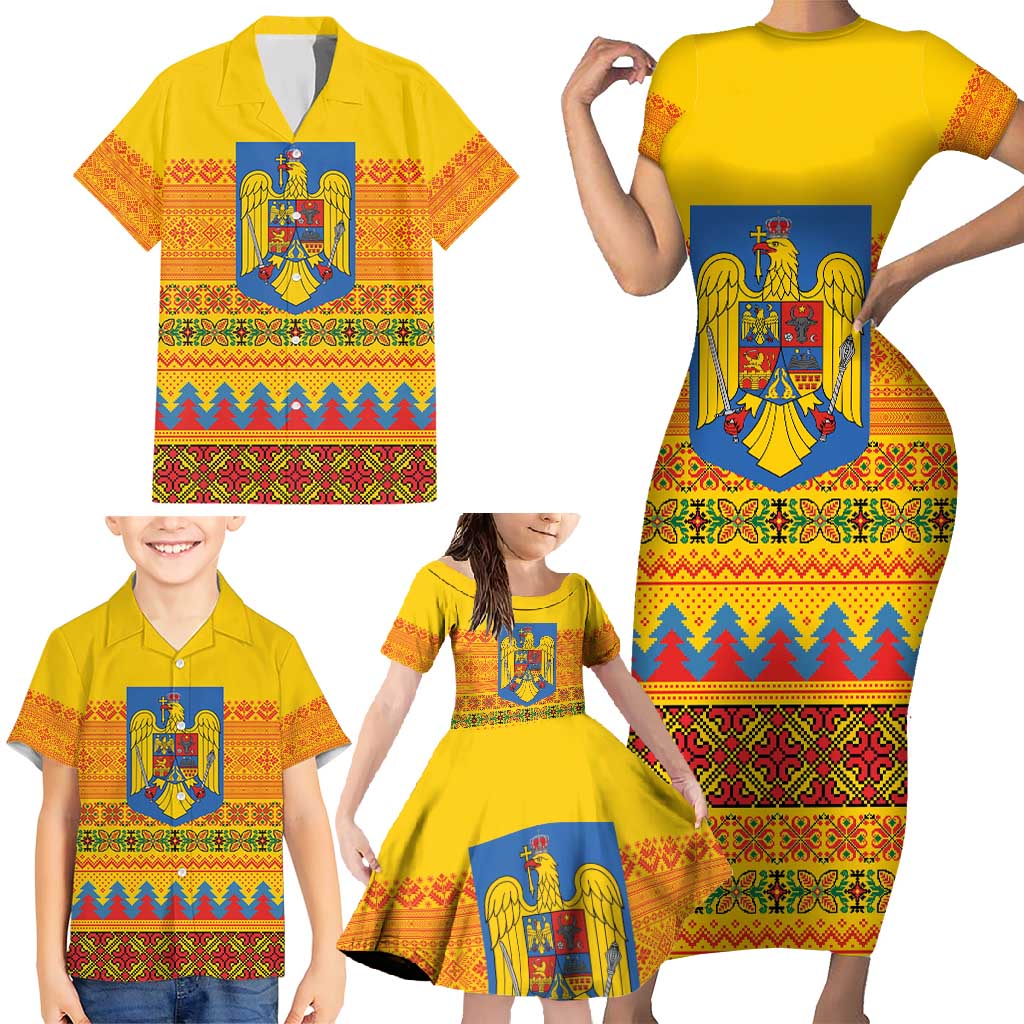 Romania Merry Christmas Family Matching Short Sleeve Bodycon Dress and Hawaiian Shirt Romania Emblem Traditional Folk Art - Polynesian Pride