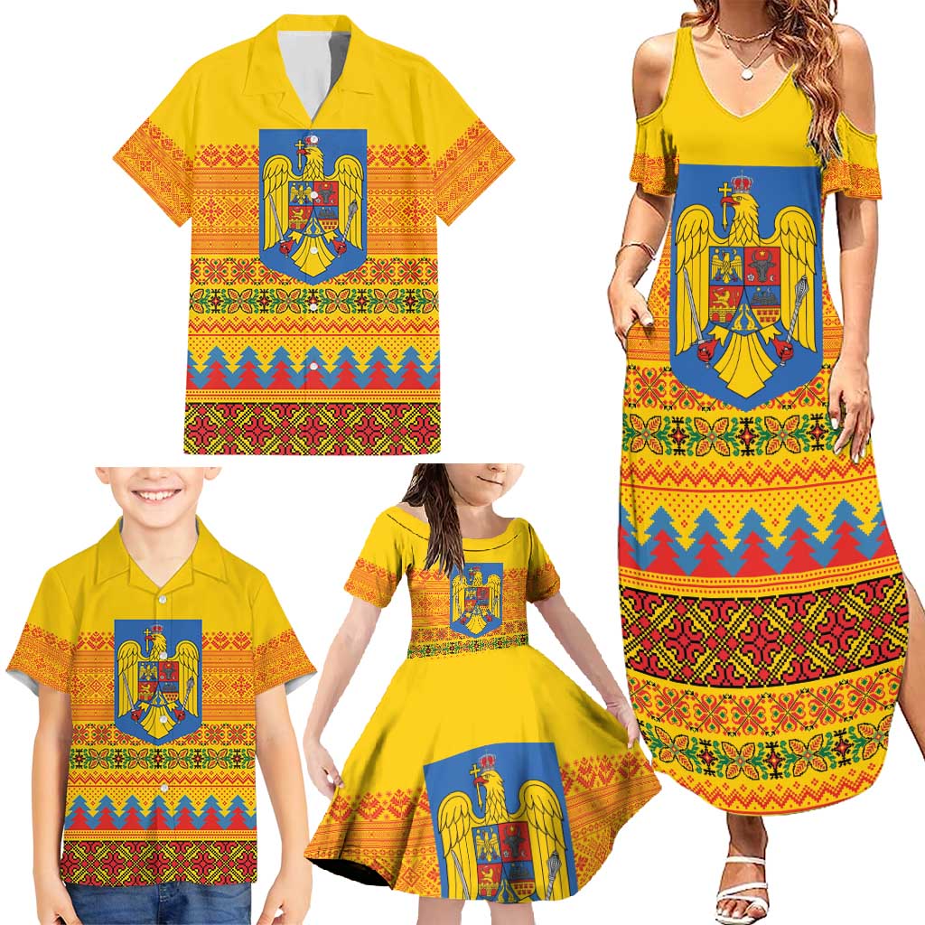Romania Merry Christmas Family Matching Summer Maxi Dress and Hawaiian Shirt Romania Emblem Traditional Folk Art - Polynesian Pride