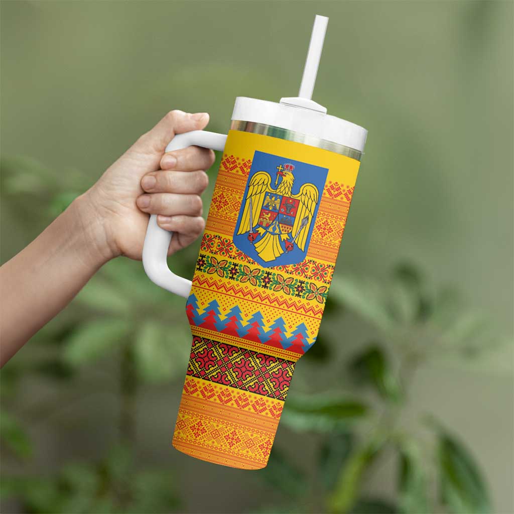 Romania Merry Christmas Tumbler With Handle Romania Emblem Traditional Folk Art - Polynesian Pride